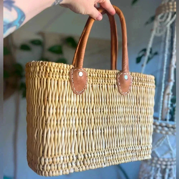 Handbags - Handmade Straw Market Tote Bag Leather Handles Made in Spain Cottagecore